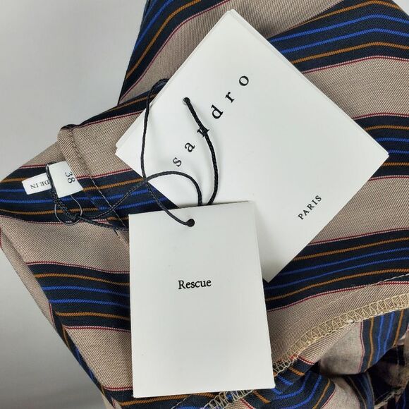 SANDRO Paris VILNA DRESS Striped Beige Collared Long Sleeve Midi Maxi Tie Knot - Picture 13 of 13